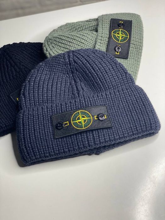 Мужская шапка STONE ISLAND зимняя с патчем вязанная двойная Черная Хак