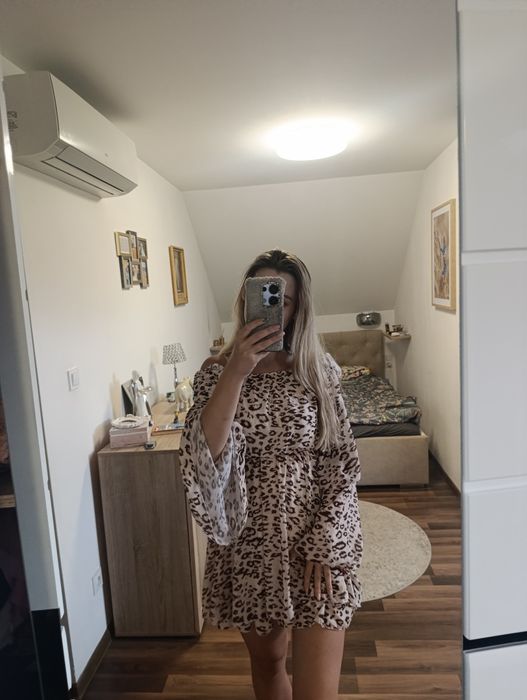 Sukienka zwiewna hiszpanka odkryte ramiona panterka xs s koktajlowa