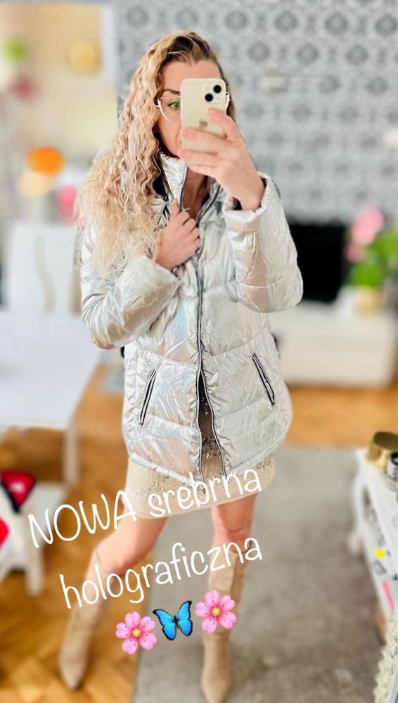 Nowa srebrna holograficzna kurtka pikowana z kapturem Janina 38