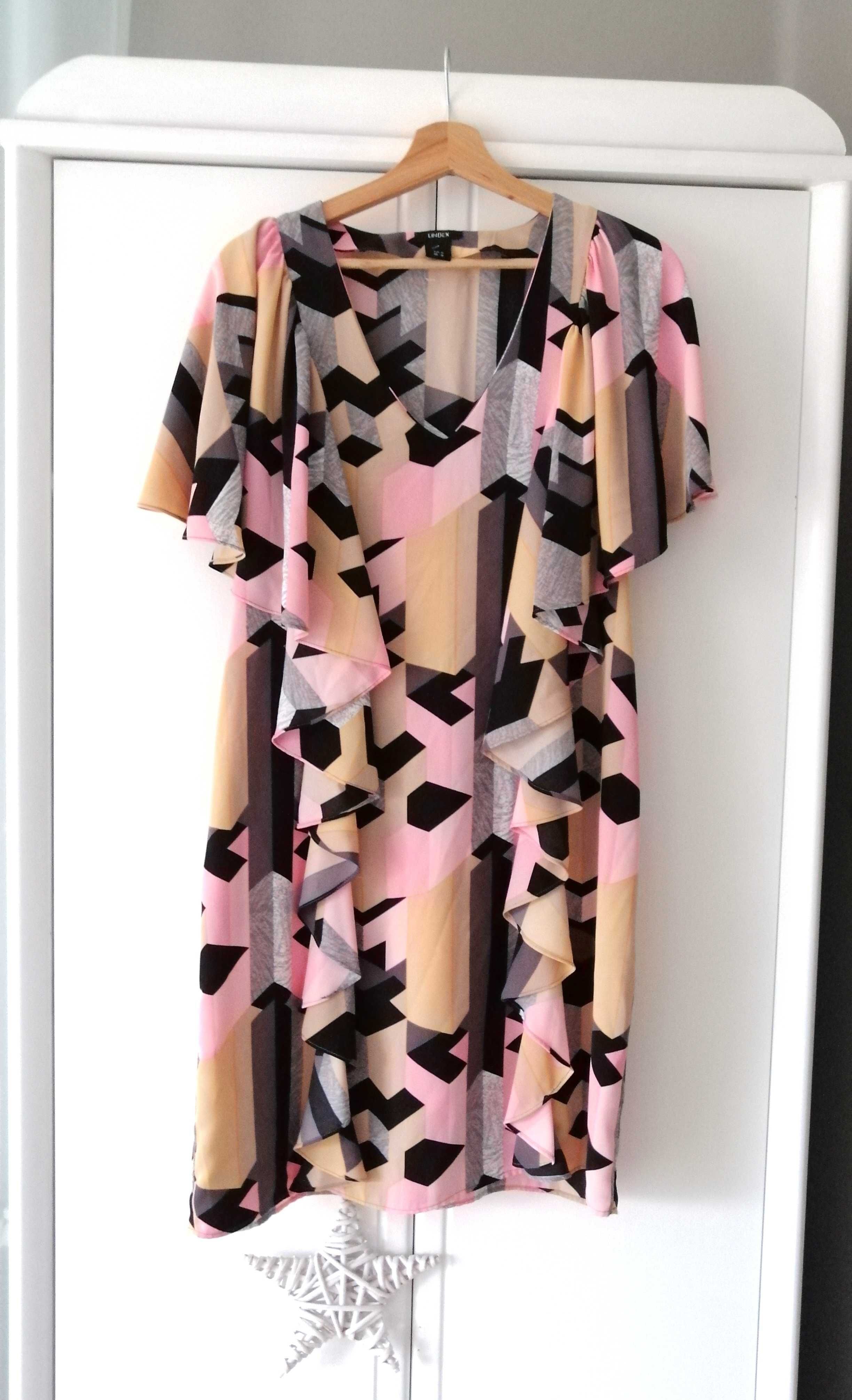 Lindex 38M pastelowa tunika sukienka w geometryczne wzory falbanka