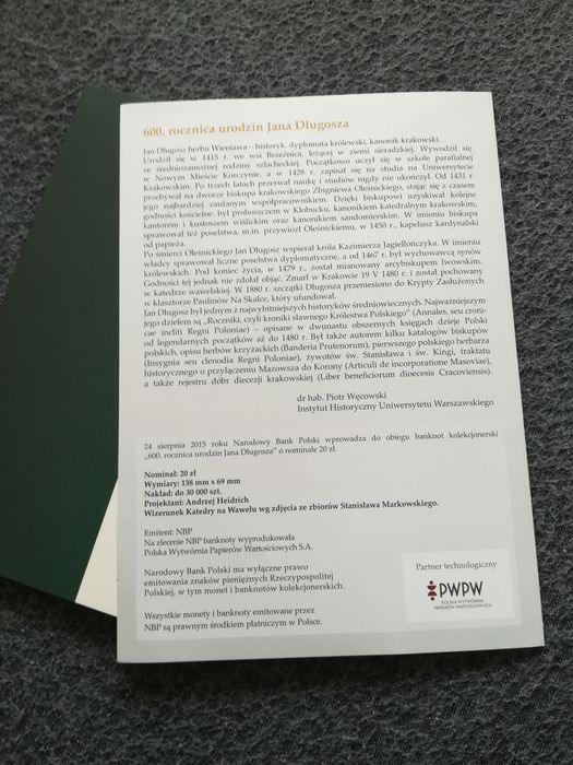 Banknot kolekcjonerski NBP - 20 zł - Jan Długosz - NISKI NUMER!