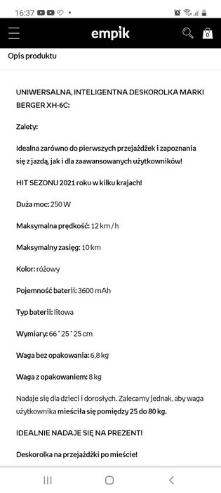 Deskorolka elektryczna Hoverboard deska smart róż