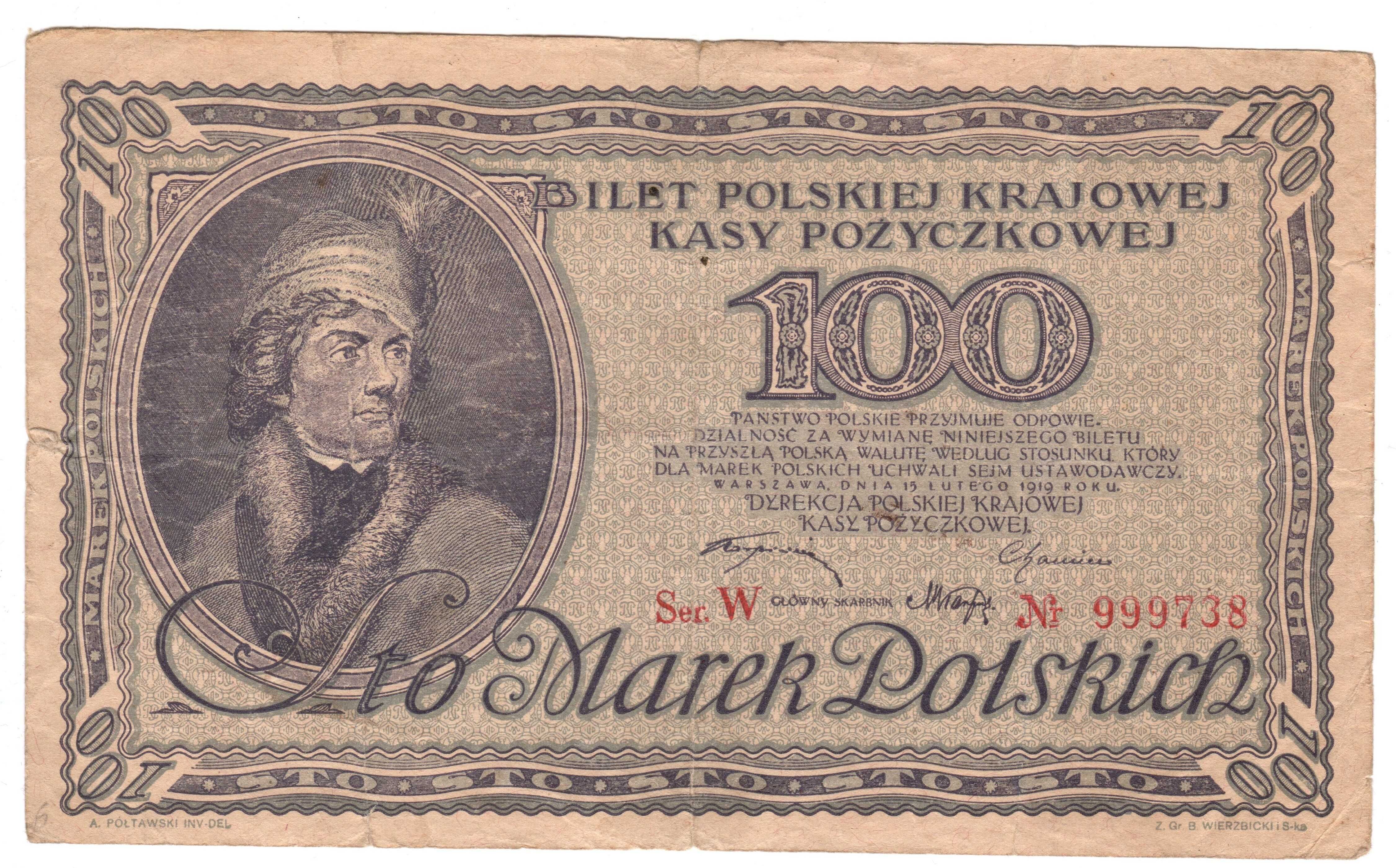 100 Marek Polskich 1919 seria W bardzo wysoki numer