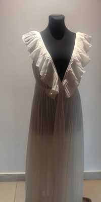 Kremowa, plisowana, długa sukienka