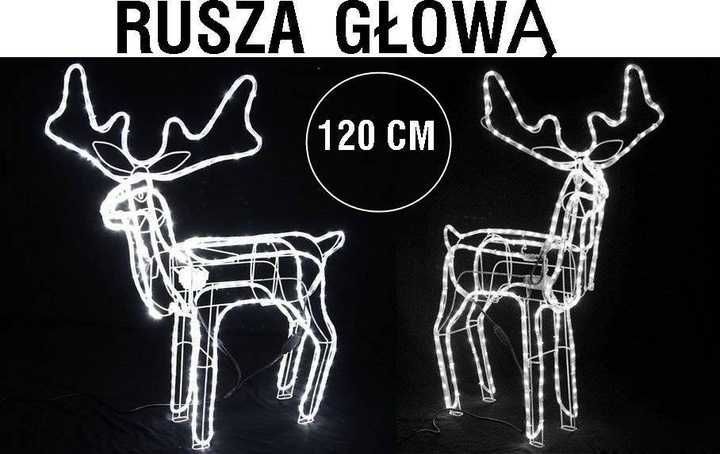 Renifer świecący 120cm z ruchomą głową gruby wąż świetlny biały zimny