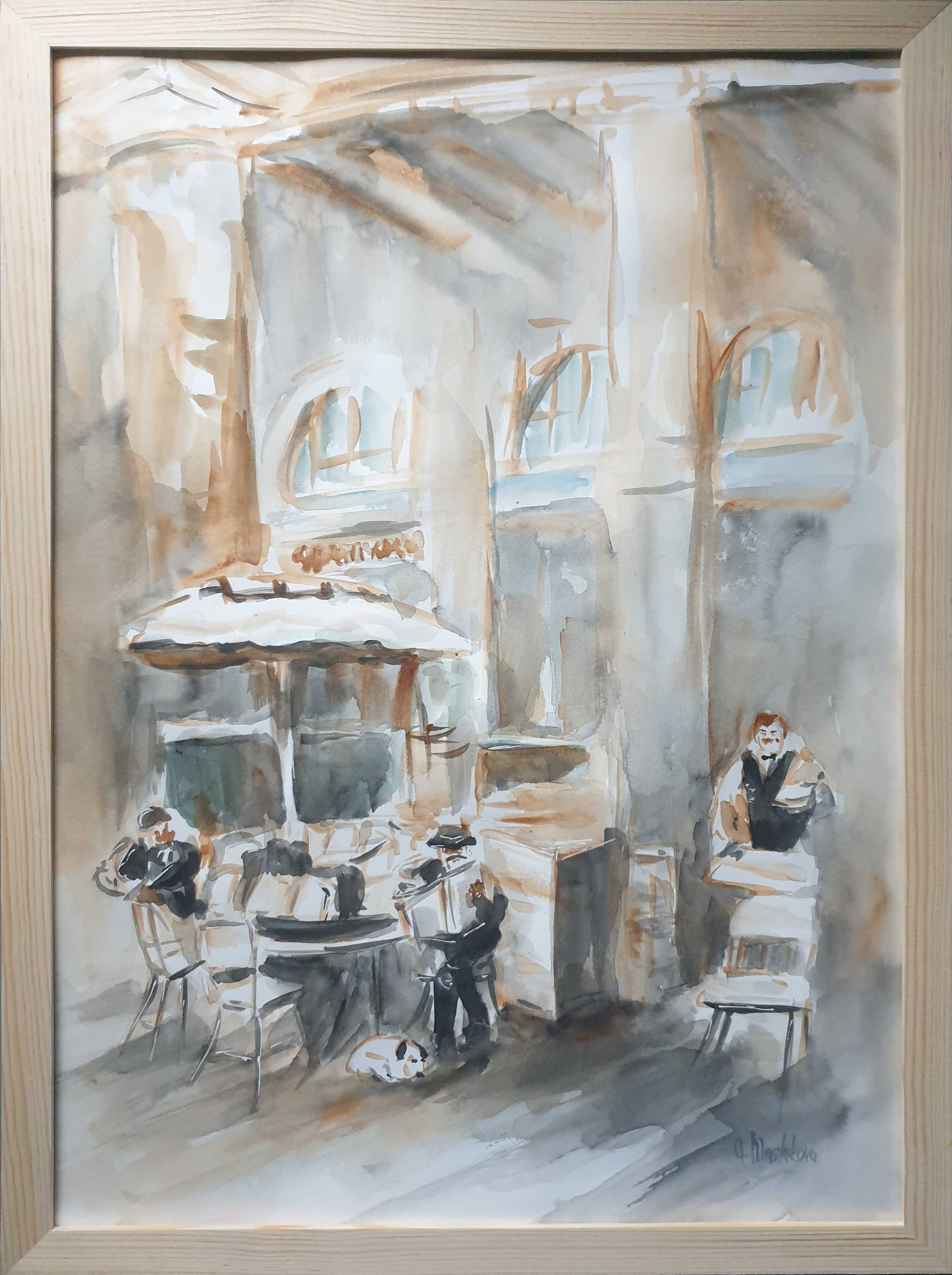 Akwarela ręcznie malowana oryginalna "W kawiarni" + rama