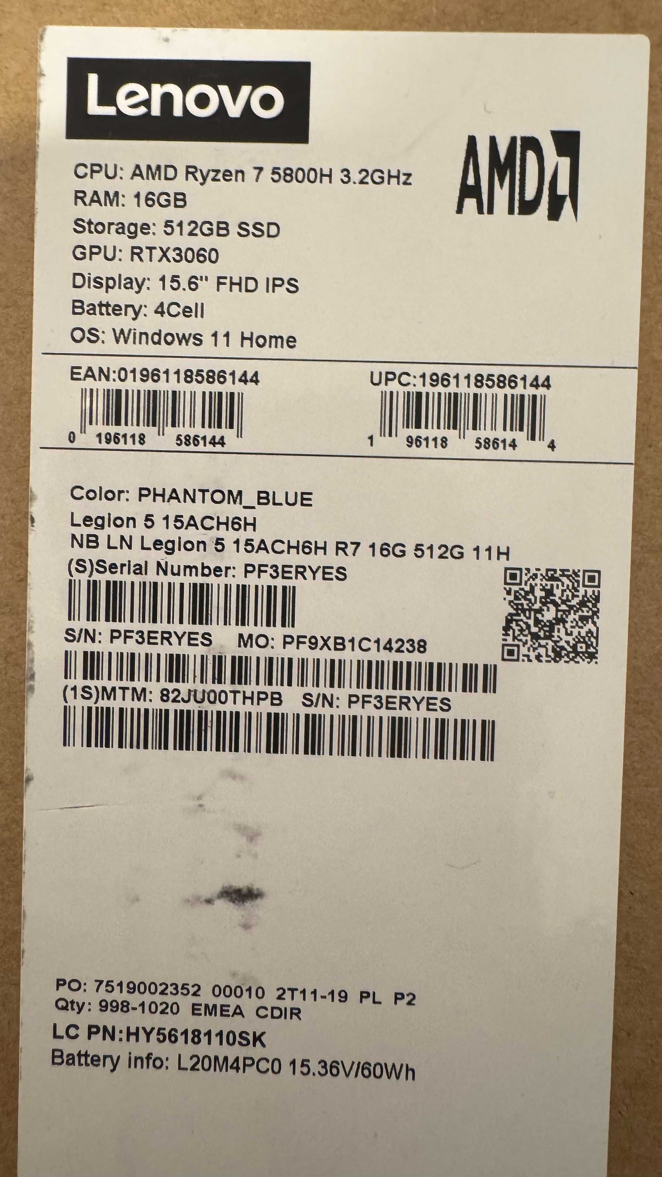 Lenovo Legion 5 15ACH6H Ryzen 7 5800H RTX3060 RAM: 16GB 512GB SSD