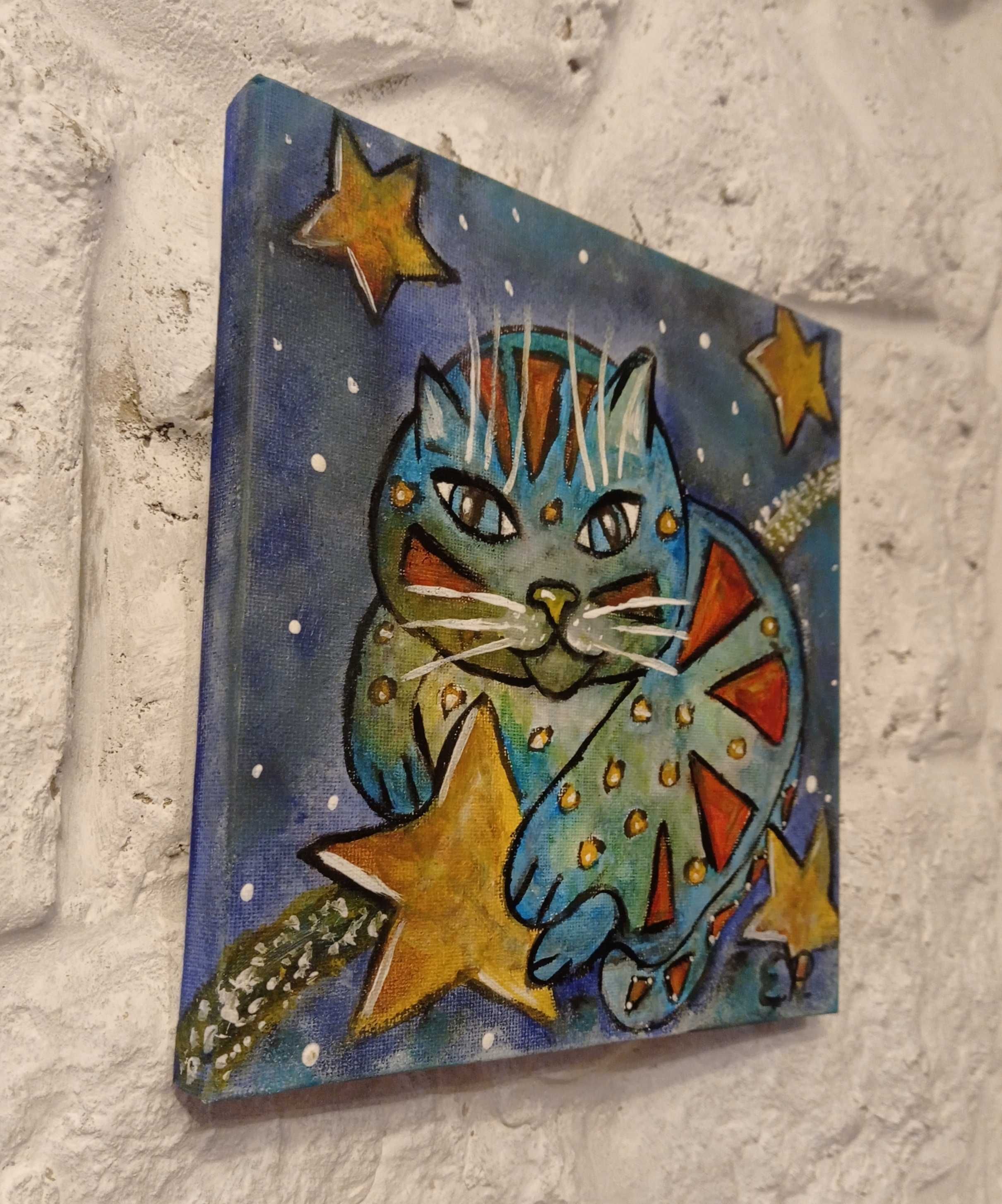 Magiczny kotek obraz ręcznie malowany rękodzieło 20x20 do kolekcji