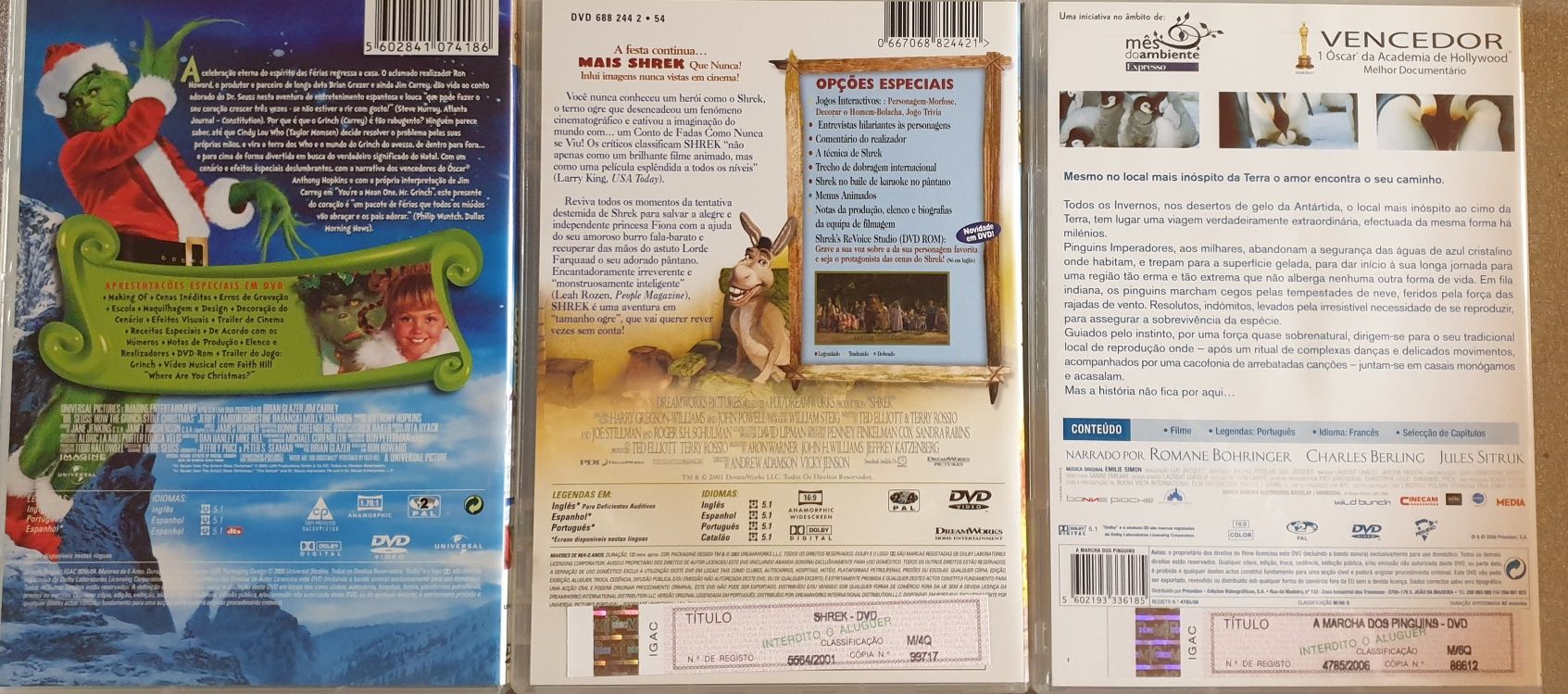 DVDs animação / infantil

Shrek
Shrek 2
Sinbad
Grinch
A marcha dos pin