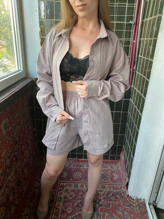 Жіночий літній костюм з бавовни шорти сорочка коричневий оверсайз