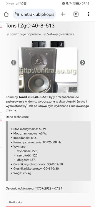 Kolumny Tonsil ZgC 40-8-513 moc 40wat 8ohm