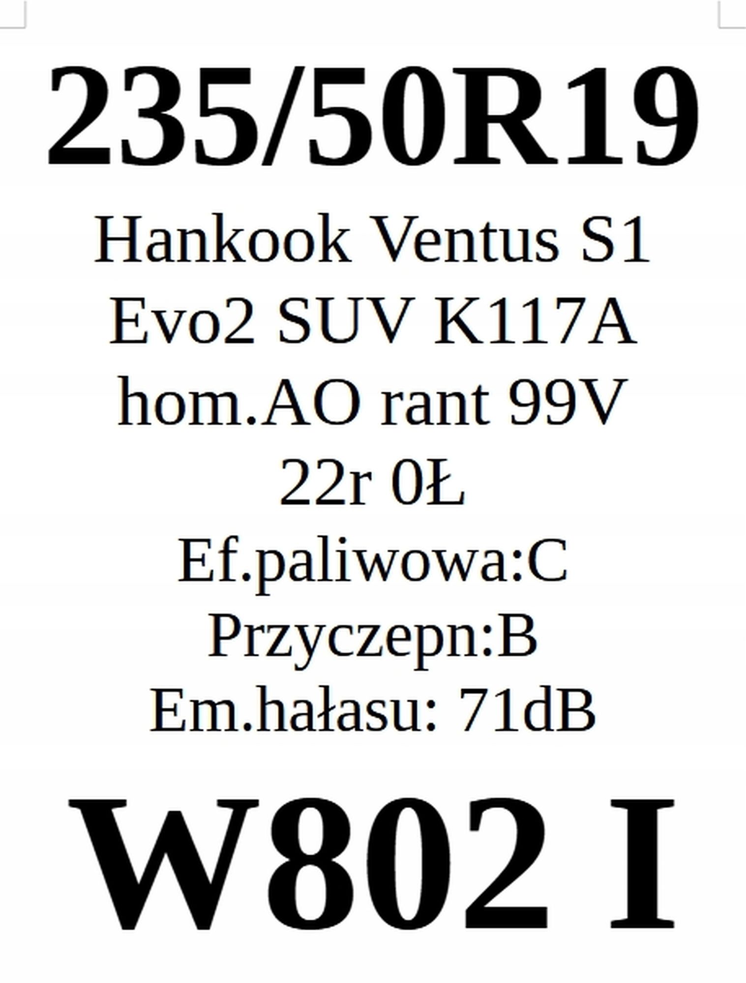 Opony 235/50/19 Hankook 6,75mm 2022r 2szt.=620zł Jak Nowe L