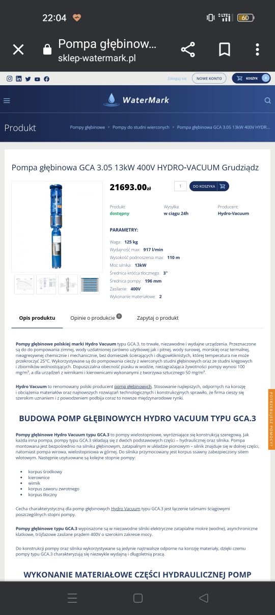 Pompa głębinowa GCA 3.05 13kW 400V HYDRO‑VACUUM Grudziądz