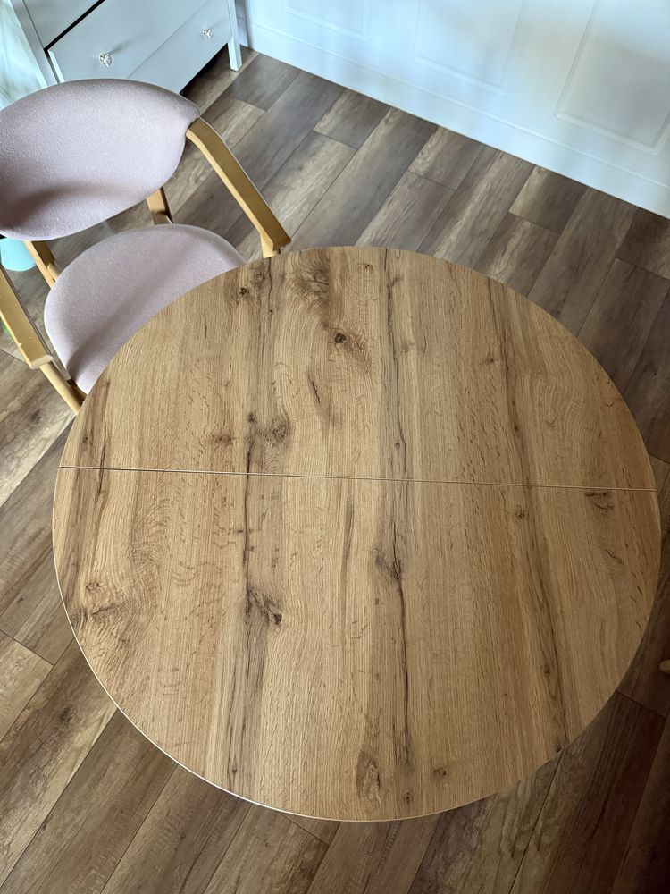 Stół drewniany industrialny, okrągły, rozkladany, blat laminat