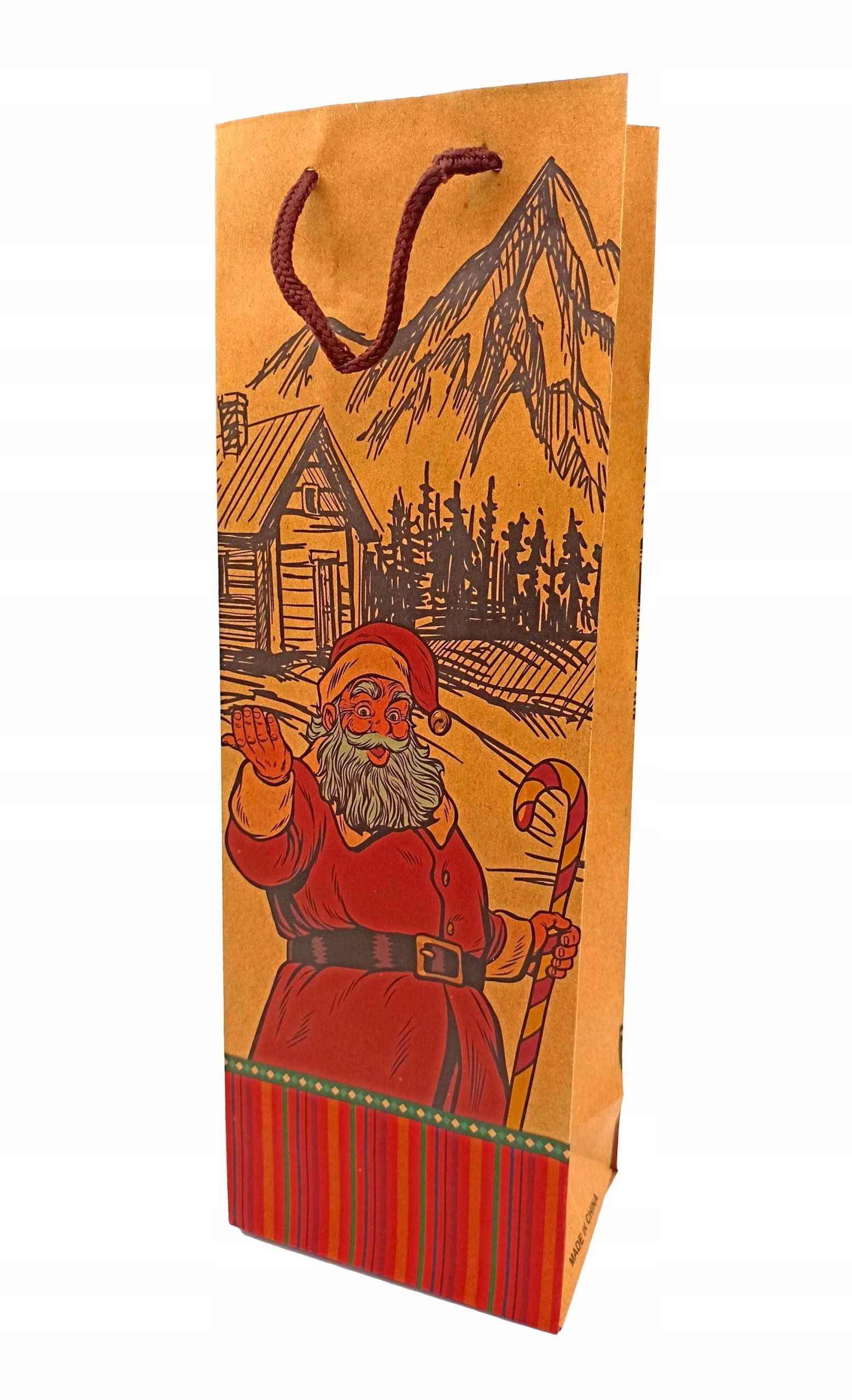 Świąteczna torebka na butelkę Mikołaj z laską