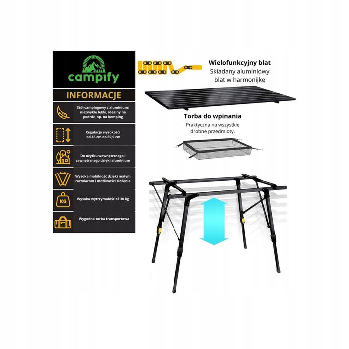 Stół Turystyczny Campify Stolik Składany Kempigowy Czarny Aluminiowy