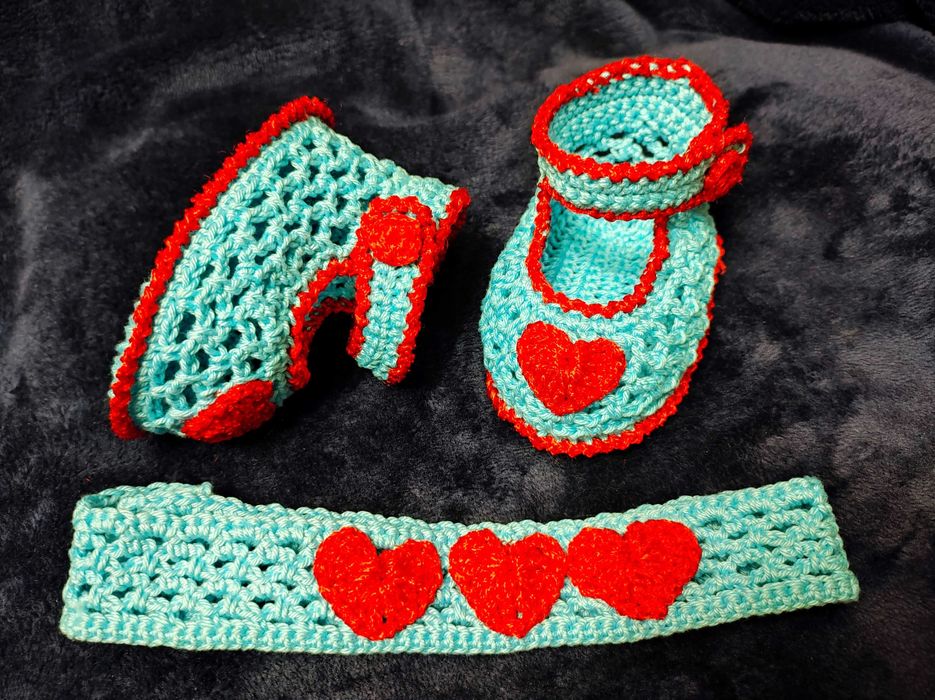 Ажурні вязані пінетки і пов’язка для немовляти, 9-10 см