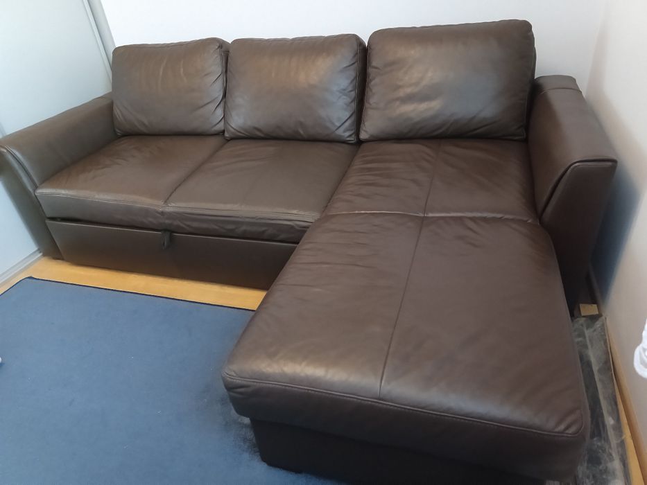 Łóżko Narożnik skórzany z funkcją spania Pojemnik na pościel