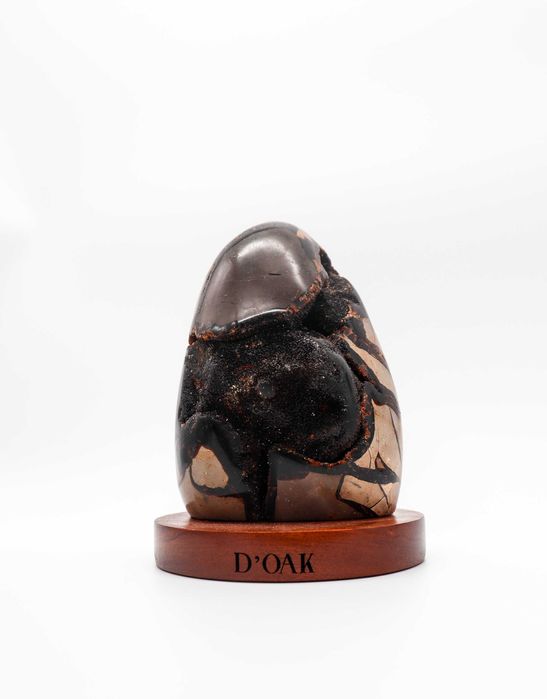 Drusa Septário polido em base de madeira.