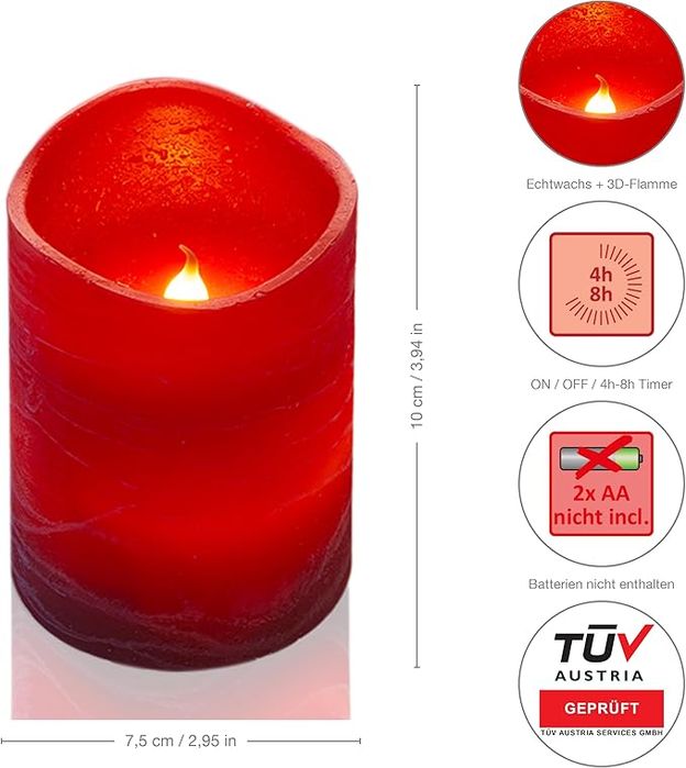 Świeczki LED Parvo Flower Power, Zestaw 8 szt., Czerwone, Real Wax