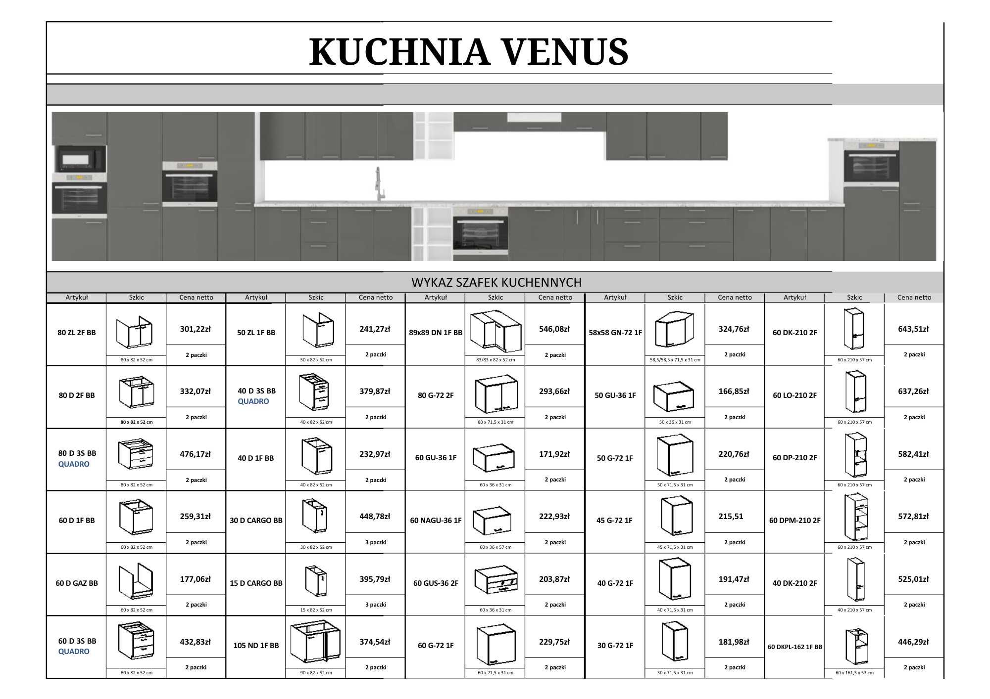 Meble kuchenne narożne, kuchnia modułowa Venus 2,3 na 3,7 m, 3 kolory