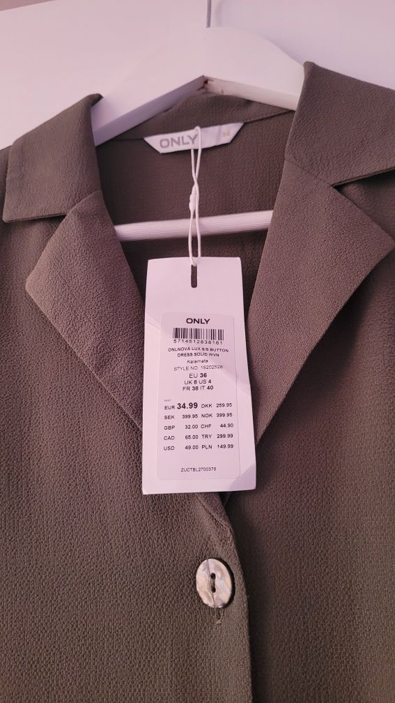 Sukienka khaki koszulowa z guzikami ONLY S 36