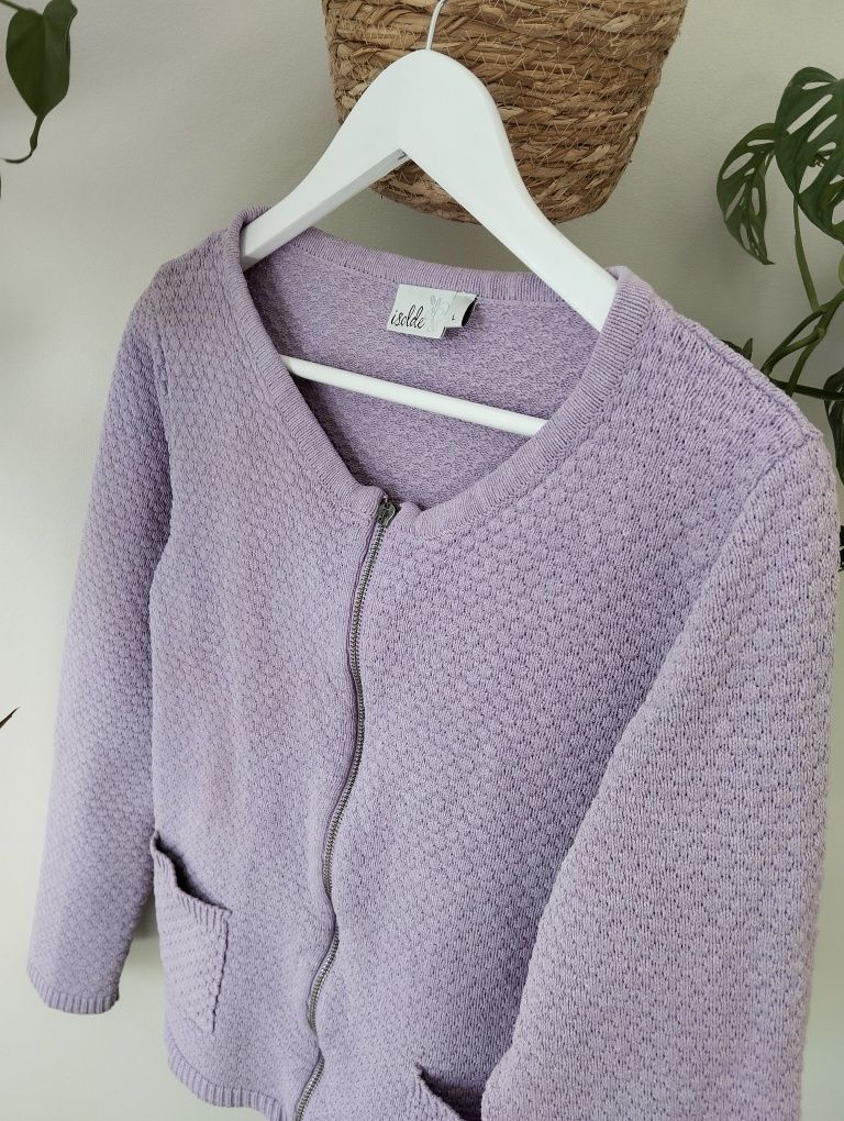 Sweter kardigan, na suwak, okrągły dekolt, szanelka, struktura r. L/XL