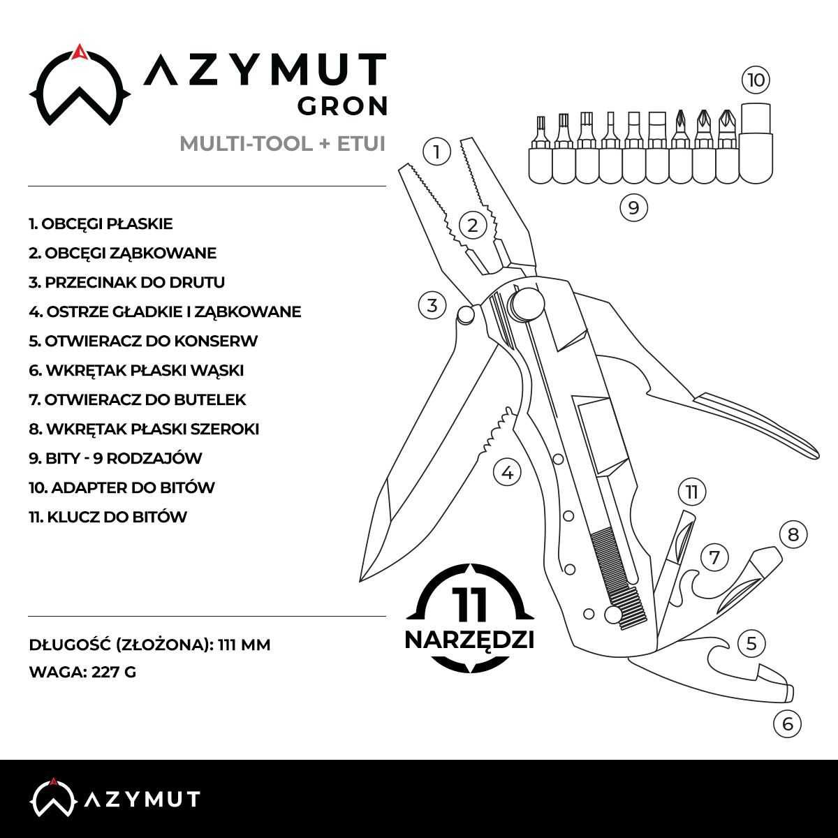 Multitool AZYMUT Gron  11 narzędzi + 9 bitów + kabura