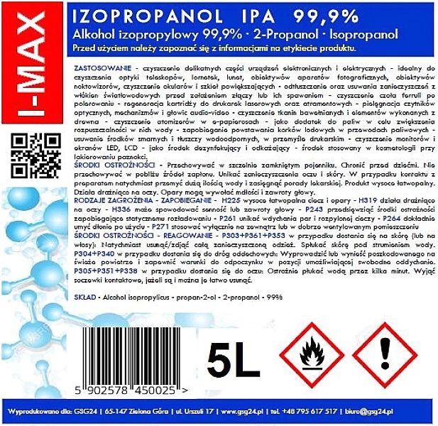 Alkohol izopropylowy Izopropanol IPA I-MAX 99,9% 5L