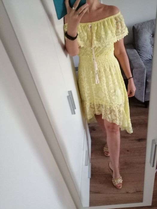 Nowa Żółta koronkowa sukienka hiszpanka asymetryczna xs s m L