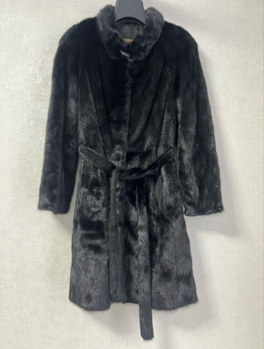 Класична норкова шуба під пояс халат чорна без капюшона