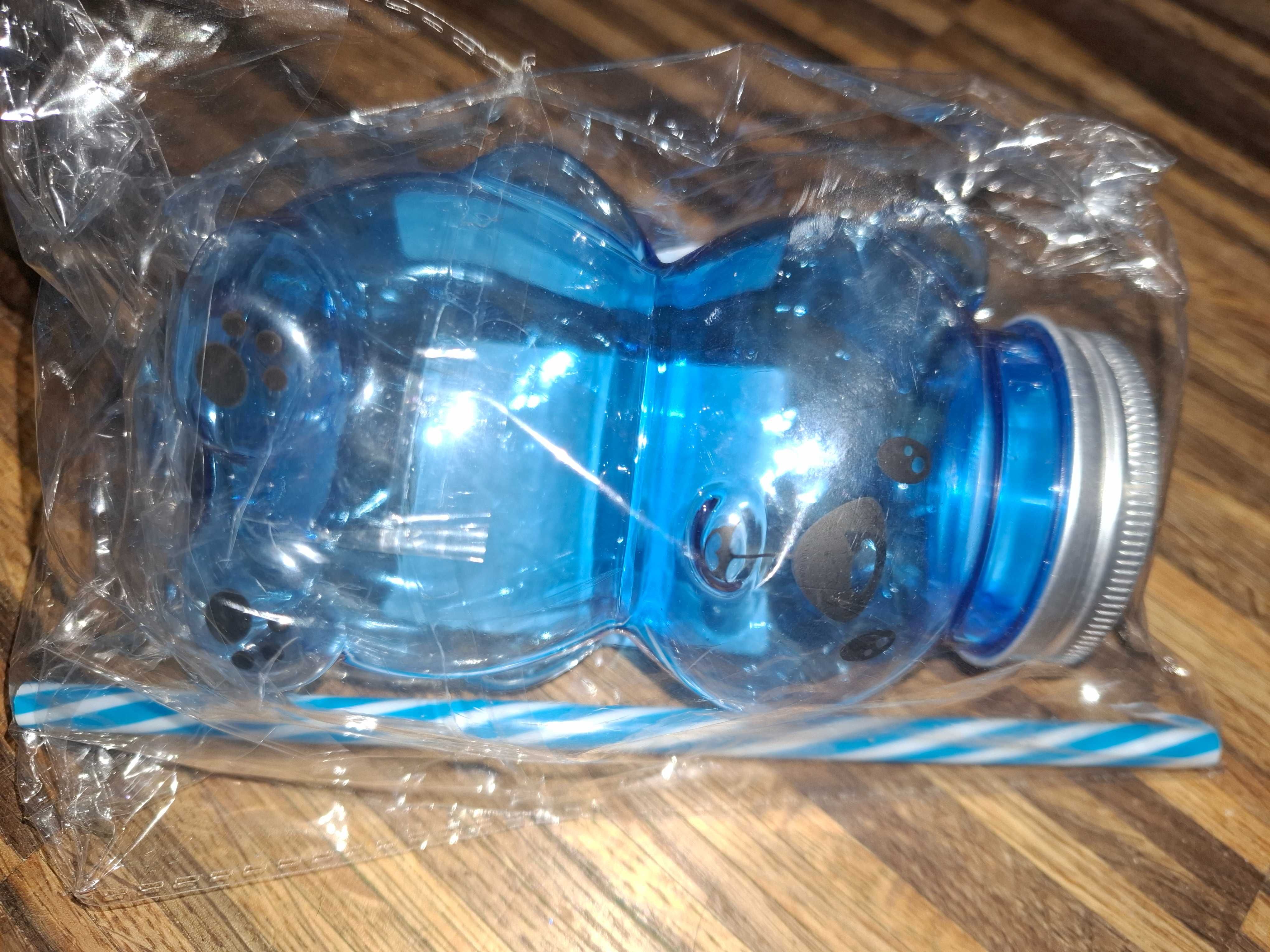 Nowy niebieski plastikowy kubek/słoik miś ze słomką
