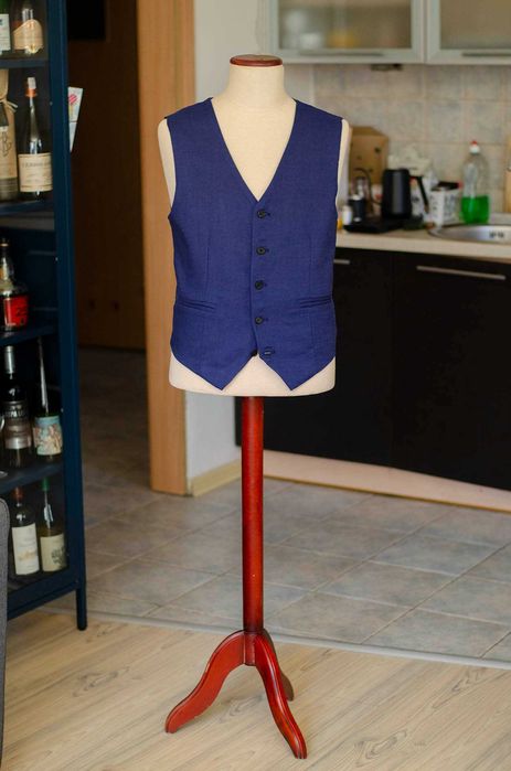 Kamizelka szyta na miarę, bespoke, 100% len, pełna, r48-50, niebieska
