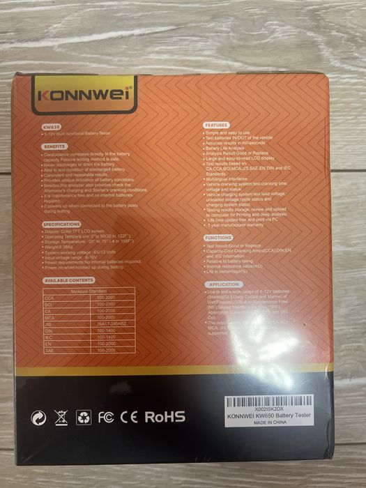 Konnwei KW650 тестер акумулятора автомобіля, діагностика АКБ