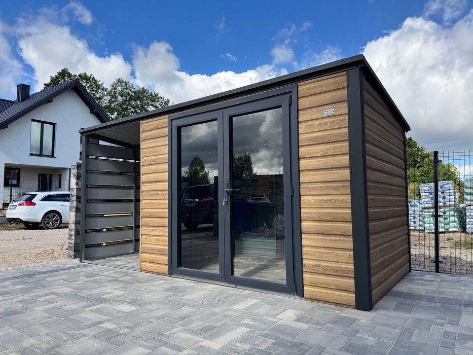 Garaż blaszany/schowek ogrodowy 4.5x2.5m z wiatą, winchester + grafit