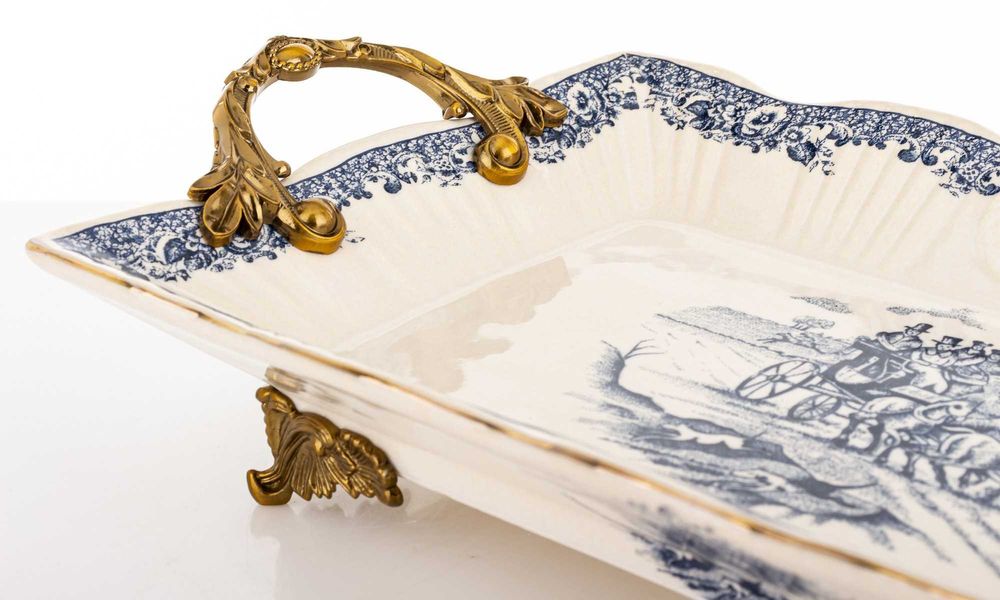 Dekoracyjna Stylowa Taca Misa Ceramiczna Biała Złota Na Nóżkach 182439