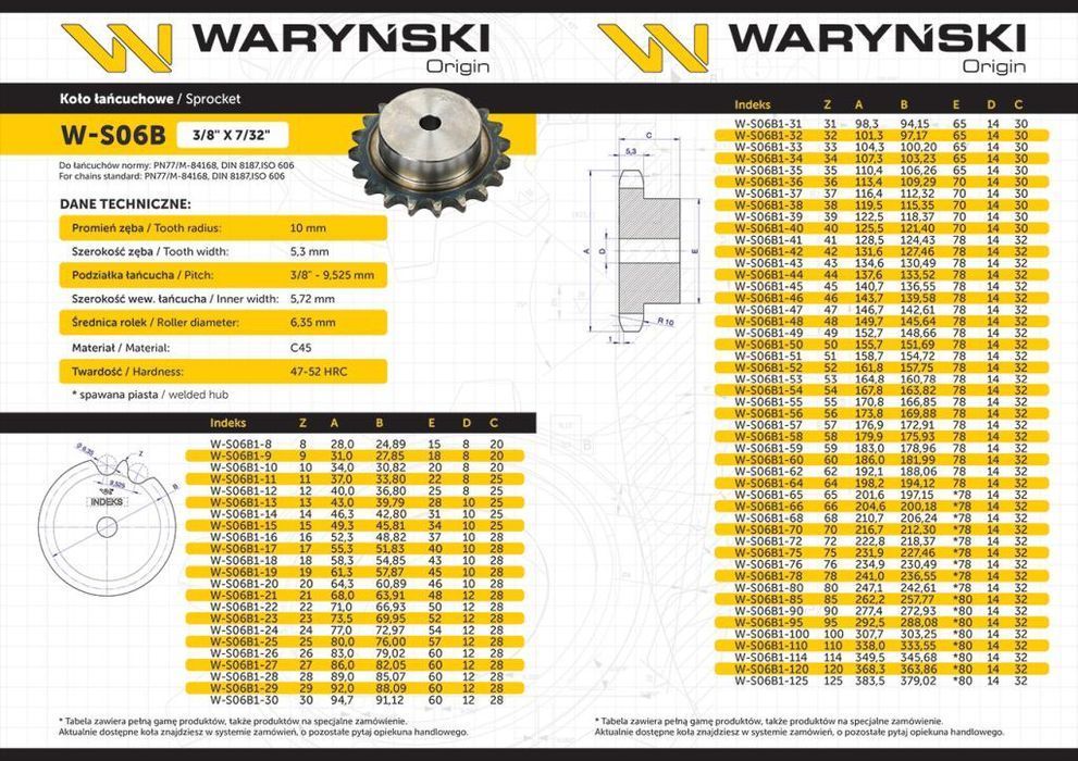 Koło zębate hartowane z kołnierzem 06B-1 (R1 3/8) Z-13 Waryński