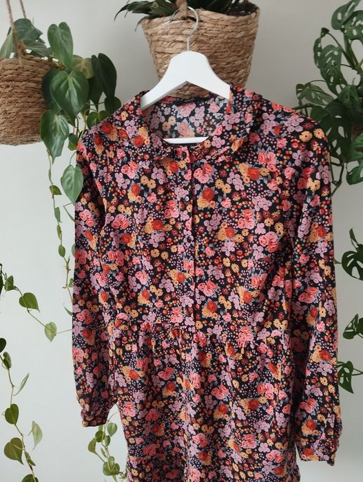 Sukienka z długim rękawem, w kwiaty, z kołnierzem, 100% wiskoza r.XS/S