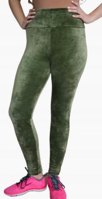 legginsy welurowe wysoki stan spodnie z panelem bawełna l/xl zielone