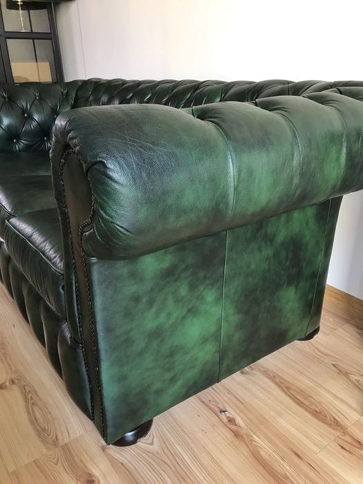 Sofa skórzana chesterfield zielona, skóra naturalna antykowana, 3 os.
