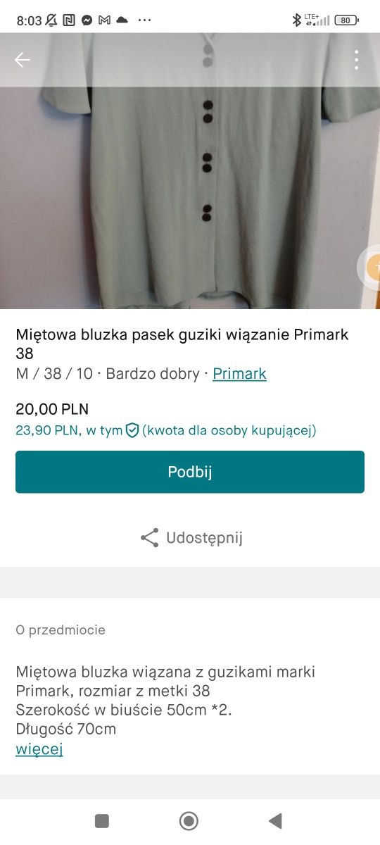 Miętowa bluzka wiązanie guziki Primark 38