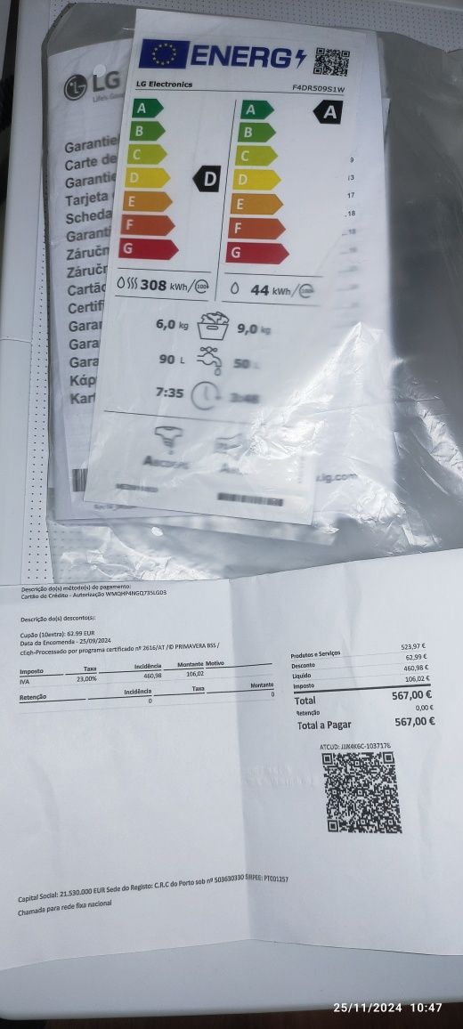 Máquina de Lavar/secar LG F4DR509S1W (6/9 kg - 1400 rpm - NOVA