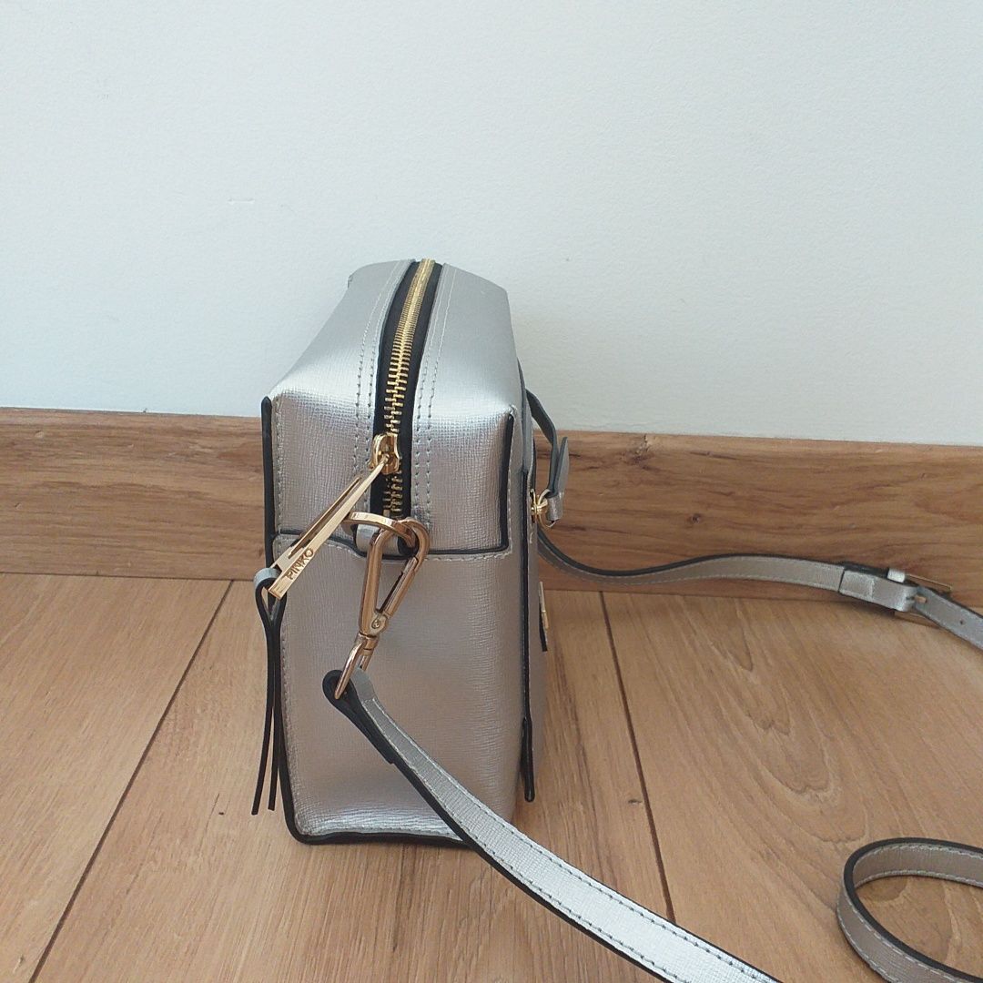 PINKO NOWA oryginalna skóra nat saffiano torebka crossbody silver mała