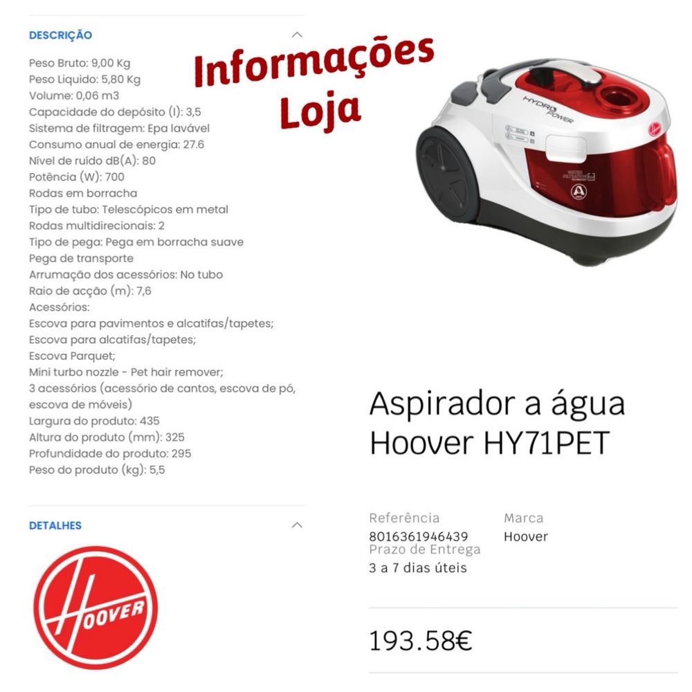 Aspirador Hoover HydraPower Pó e Água Completo