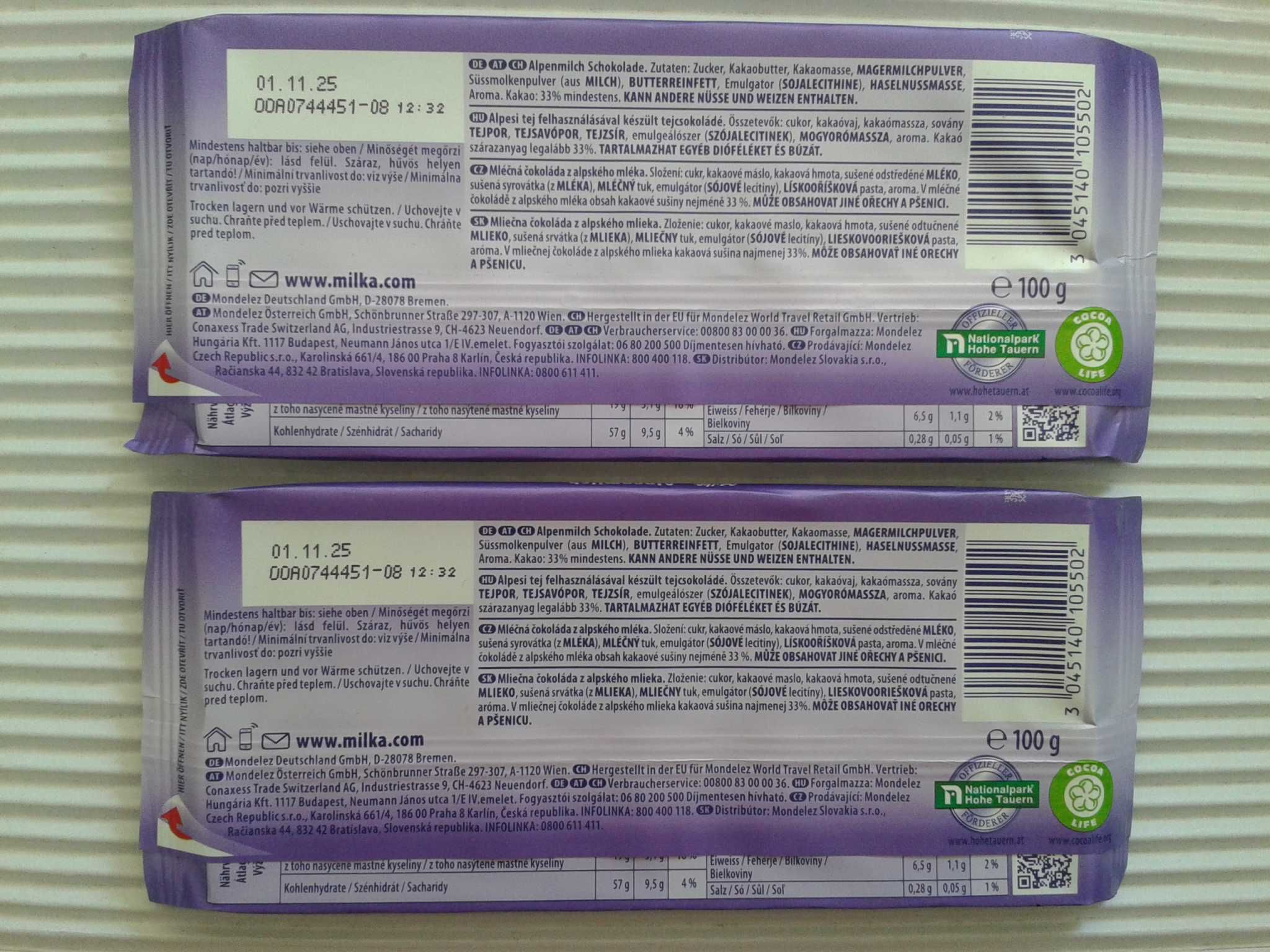 MILKA Czekolada mleczna Alpenmilch z pastą z orzechów z Niemiec 100gx2