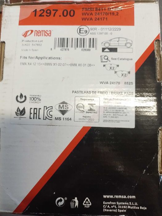 Колодки тормозные передние BMW X5 e70, ремса 129700. Ориг. 34116852253