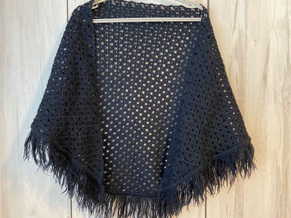 Czarna Vintage chusta szal ponczo poncho narzutka uniwersalna hadmade