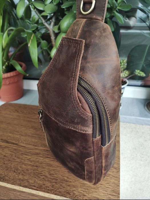 Кожаная мужская Сумка - Слинг. Dark Brown.