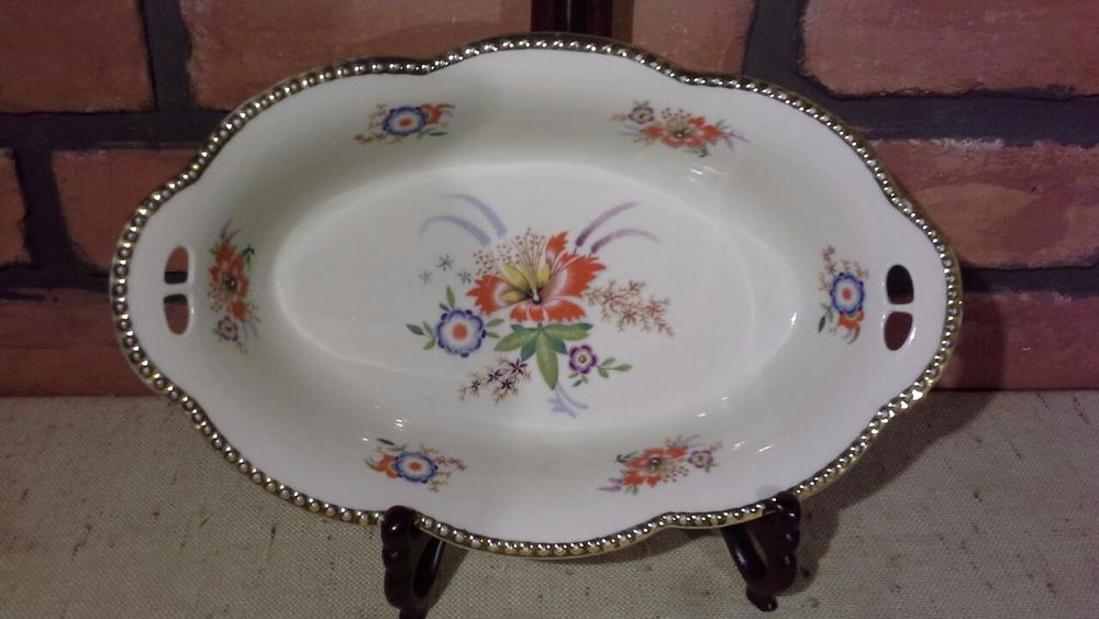 Duża patera, porcelana Schumann, Porcelana Bavaria, Kwiaty, Złoto