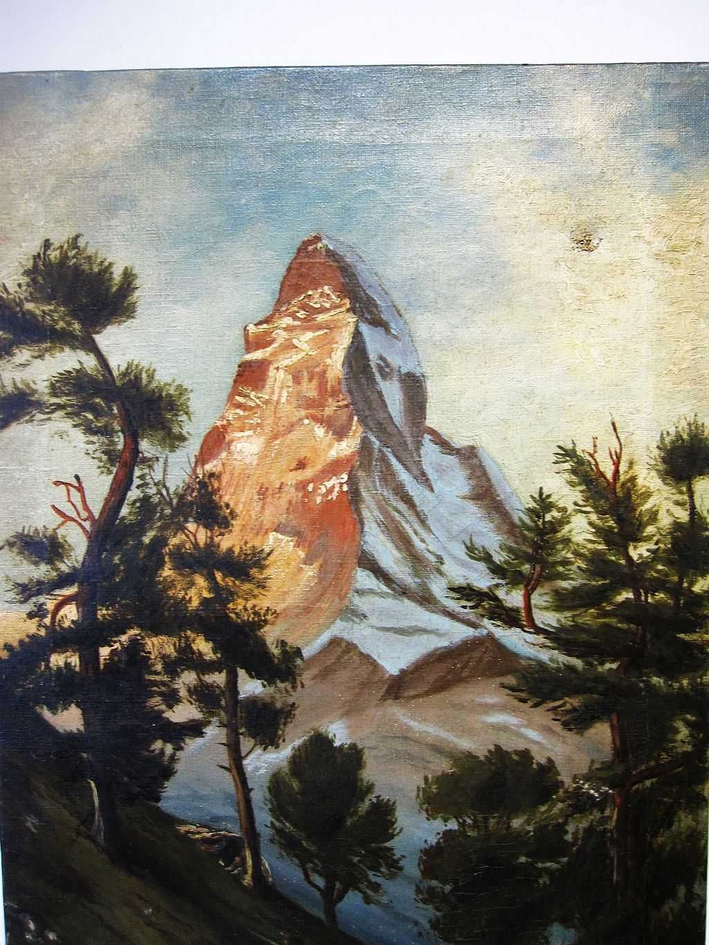 antiga pintura -óleo-paisagem suíça com Matterhorn-assinada J. Bornand